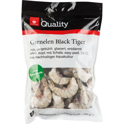 Quality Black Tiger Garnelen Easy Peel 13/15 ohne Kopf, mit Schale, tiefgekühlt, phosphatfrei 800 g